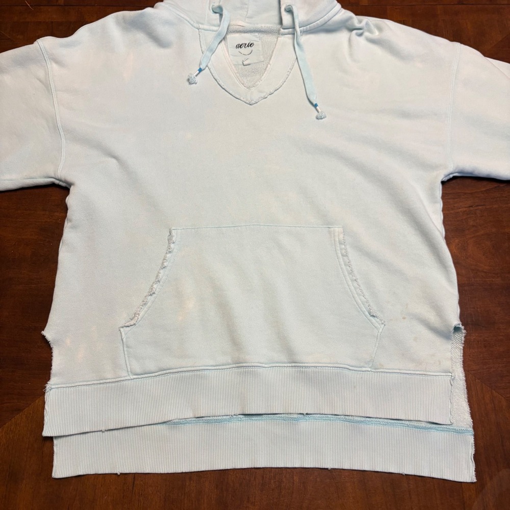 Aerie Hoodie Women S Light Blue Oversized Raw Hem V-Neck Sweatshirt